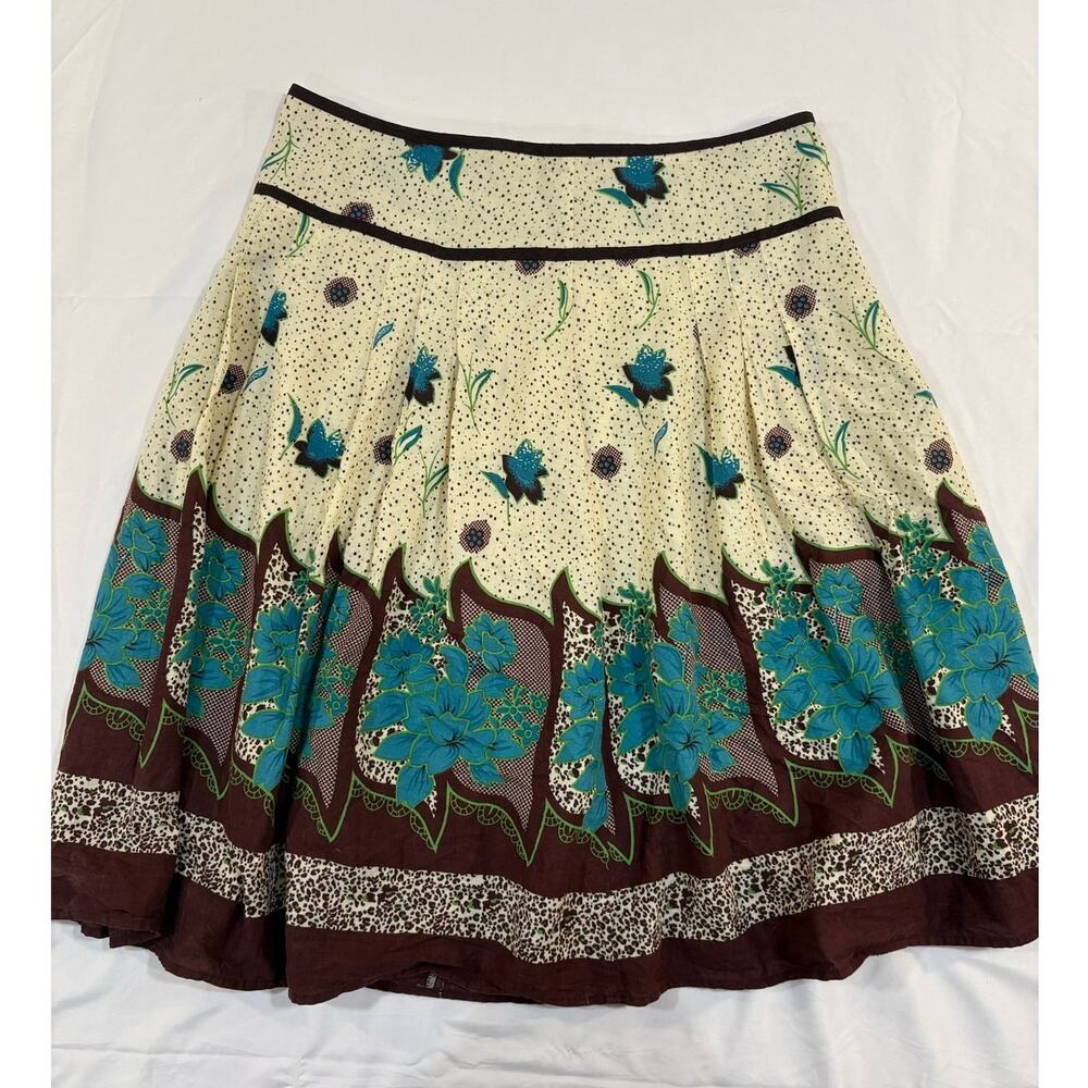 Y2k 100% Cotton Magic Full Pleated Brown Cream & Blue Floral Skirt Size Medium